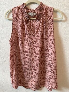 LOFT Pink Ditsy Floral Ruffle Neck Sleeveless Blouse
